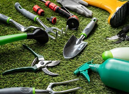 range of gardening tools including pruners, hand spade, watering can and more