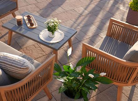 garden chairs and coffee table on patio